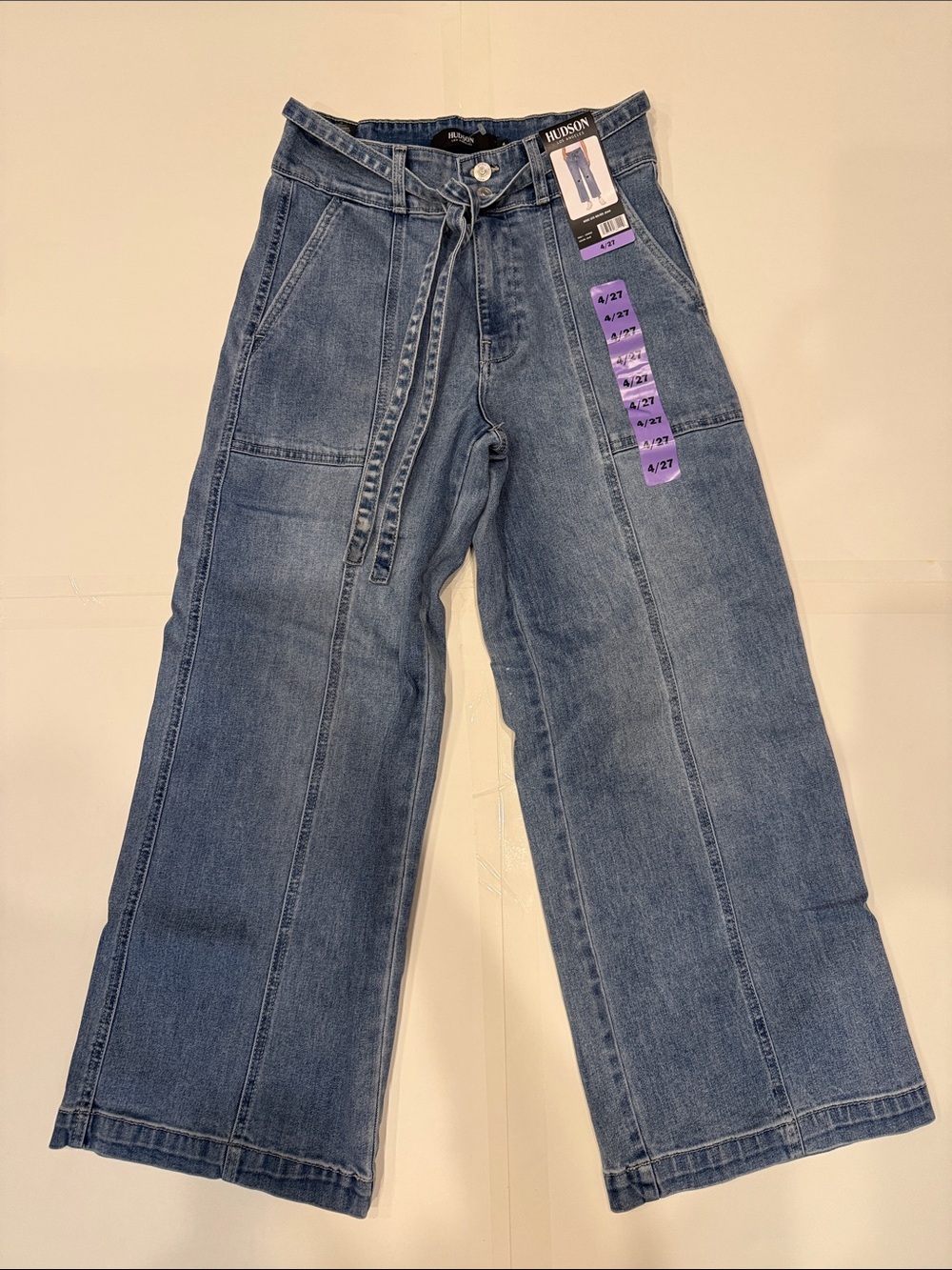 NWT Hudson Wide Leg Belted Jeans Size 4/27 Light Wash Cropped Denim Pants